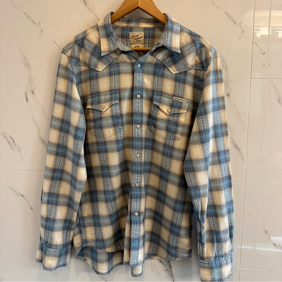 Lucky Brand, flannel blue/cream/tan plaid shirt, Large - Picture 2 of 7